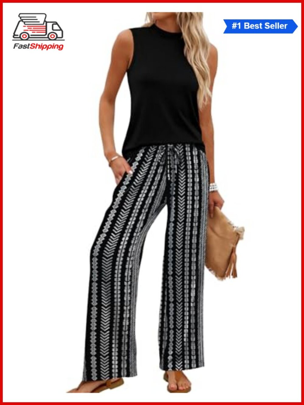 ✨WIHOLL Two Piece Wide Leg Pant Set Mock Neck Sleeveless Cropped Top Travel